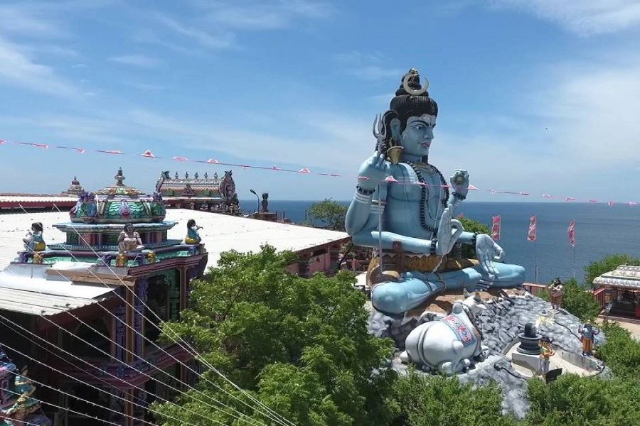Koneswaram Hindu Temple standing on the scenic cliff of Trincomalee overlooking the sea.
