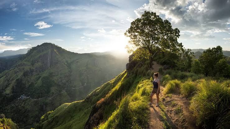 Warm golden sunset lighting up Ella Gap from the rocky viewpoint of Little Adam's Peak