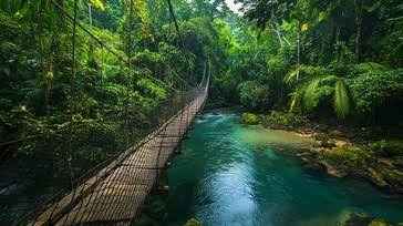 Suspension bridge crossing into lush rainforest trails at Sinharaja Forest Reserve