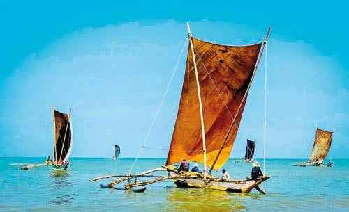 Tradizionali catamarani da pesca in legno sulla spiaggia di Negombo, Sri Lanka