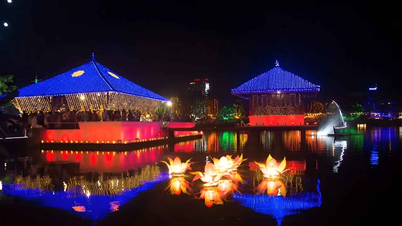 Traditional and popular festivals in Sri Lanka - Illuminated Vesak lanterns hanging at night
