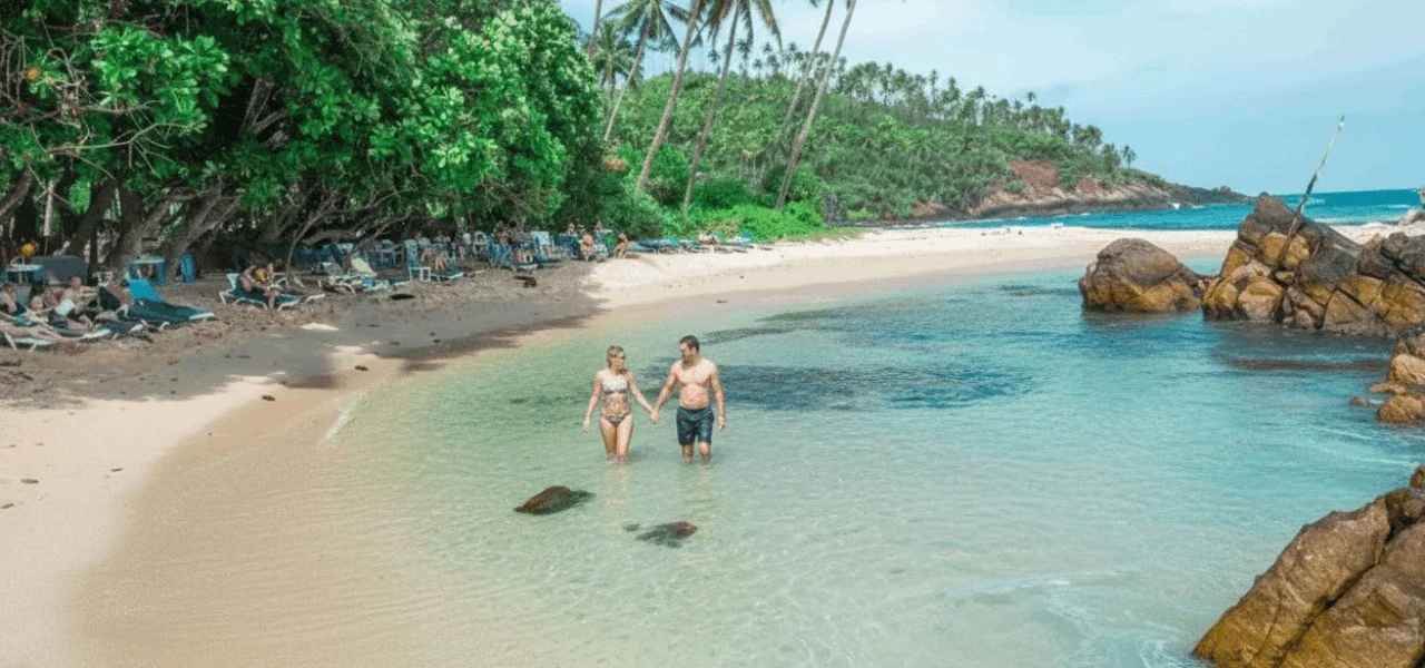 Costa panoramica con palme e sabbia dorata sulla spiaggia di Mirissa, tra le migliori spiagge dello Sri Lanka