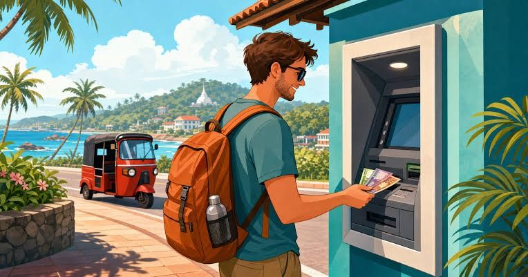 Modern 24/7 bank ATM machine accessible in Sri Lanka for international card withdrawals.