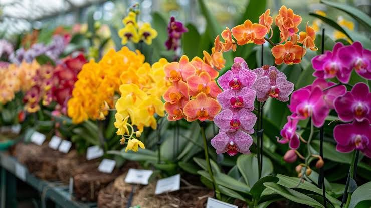 Exotic and colorful tropical orchids blooming inside the Orchid House at Peradeniya.