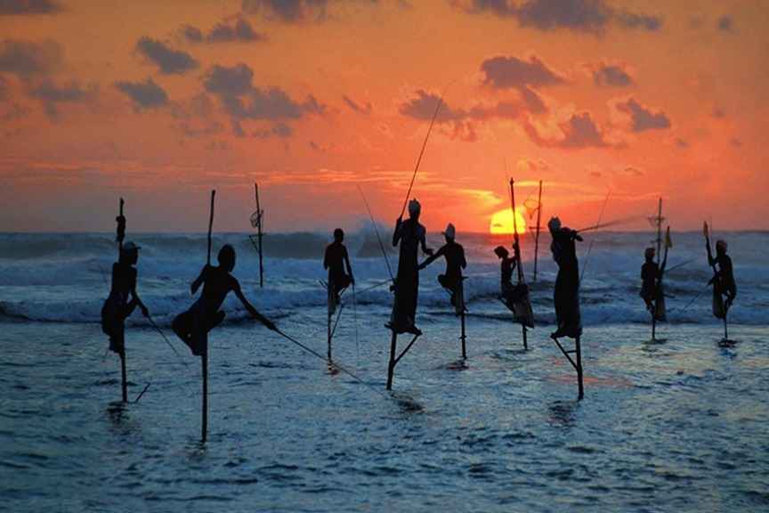 Pescatori tradizionali su palafitte mentre pescano al tramonto sulla costa meridionale dello Sri Lanka